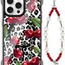 for iPhone 12 Pro Max Cheetah Print Cherry Case with Chain Strap [Compatible with MagSafe] Magnetic Clear Four Corners Shockproof Leopard Cherries Cover for Girls Women iPhone 12 Pro Max