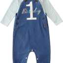Ritatte Baby Boy 1st Birthday Outfits Striped Long Sleeve Romper Embroidery Print Suspender Jeans Jumpsuit Fall Overalls Set, 12-18 months