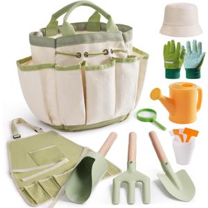 ROBOTIME Kids Gardening Tools, 17 PCS Toddler Gardening Set, Children's Gardening Tools, Metal Kids Gardening Set All in One Kit, Gardening Tools for Kids Outdoor Toys Gift for Boys and Girls (Green)