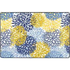 Blue Yellow And Navy Chrysanthemum Flowers Area Rug Non-Slip Soft Microfiber Washable Inside Floor Mats Daisy Floral Throw Rugs Carpet For Living Room Bedroom Office Dorm Home Decor, 36x24 Mat