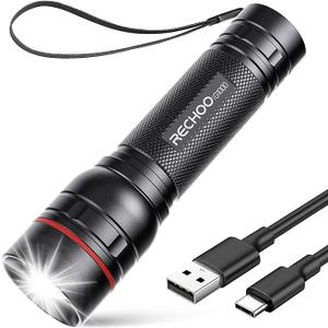 RECHOO 1 Pack LED Flashlights High Lumens - 5 Modes, Zoomable, Waterproof & Super Bright Tactical Torch for Camping, Hiking, Emergency, Home Essentials (Batteries not Included)