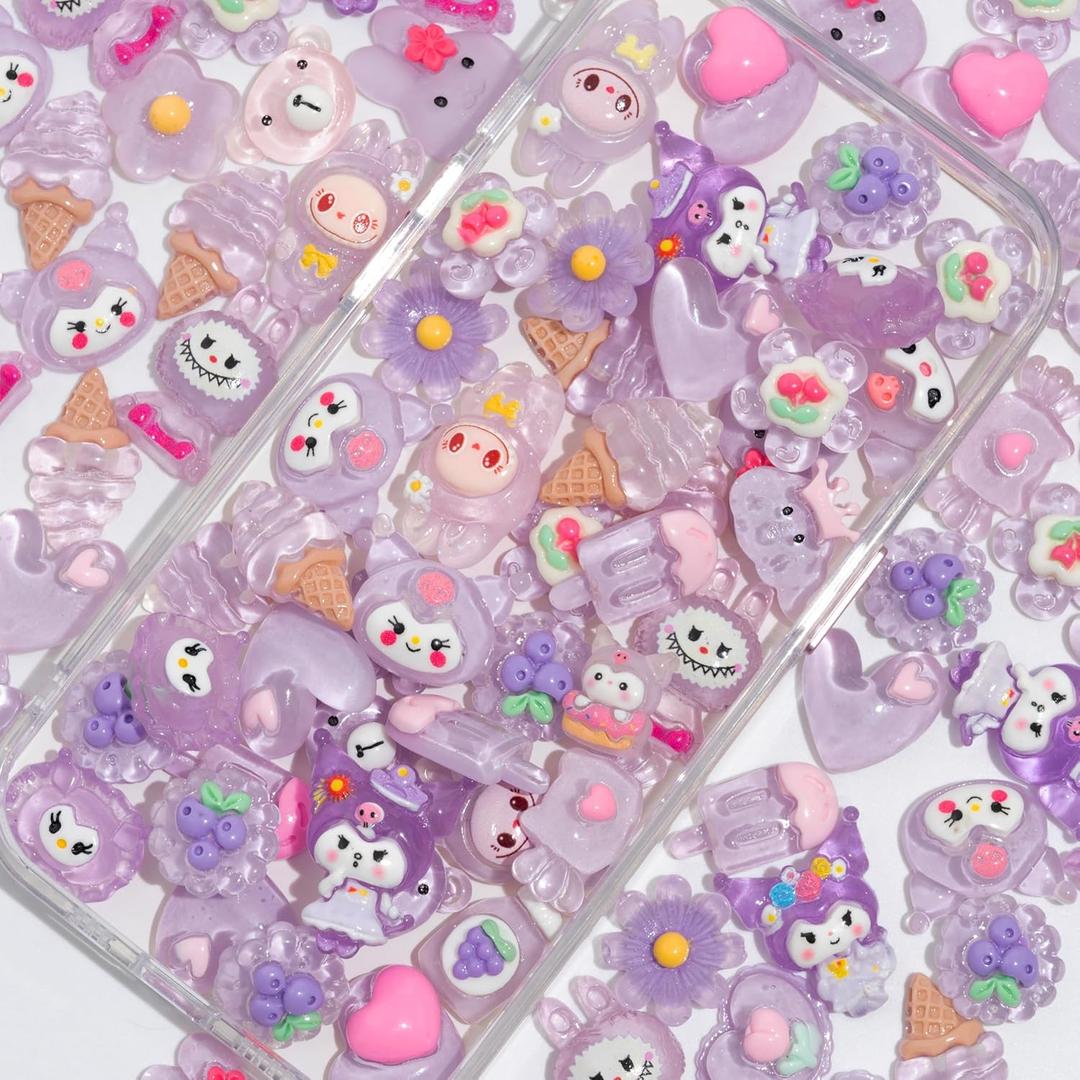 Decoden Charms 100PCS Mixed Kawaii Decoden Charms, Flatback Resin Charms for Crafts, Cabochon for DIY Projects, Slime Charms, Resin Art, Scrapbooking, Phone Case & Accessories, No Holes (Purple)