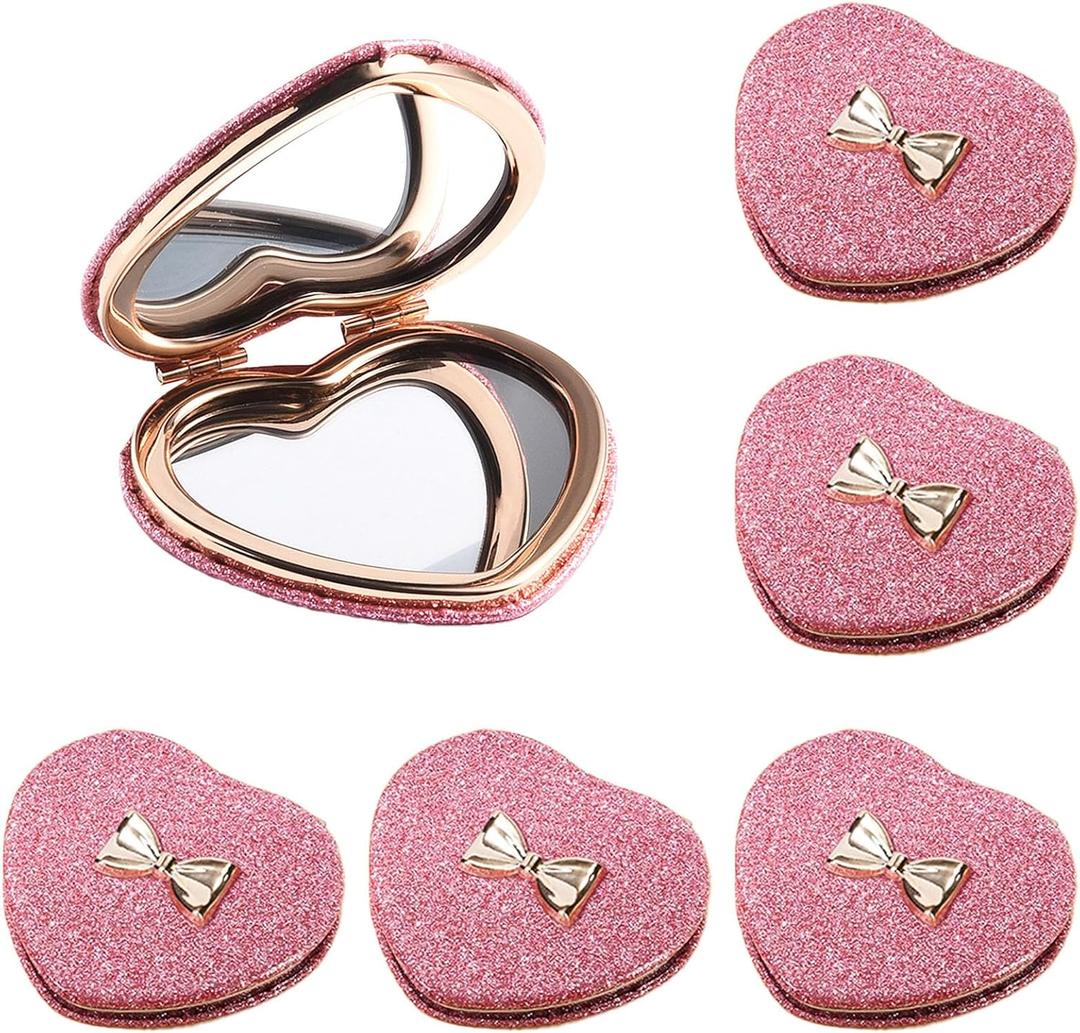 6 Pack Sparkly Pokect Heart Mirror Travel Compact Magnifying Folding Mirror for Purse Mini Vanity Cosmetic Lashes Makeup Double-Sided Cute Glitter Pink (Heart Glitter Pink with Bow)