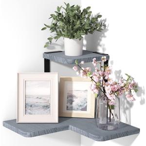 SRIWATANA Rustic Corner Shelf, 2-Tier Wood Wall Shelf, Wall Mounted Storage Shelves for Bedroom, Living Room, Bathroom, Weathered Grey