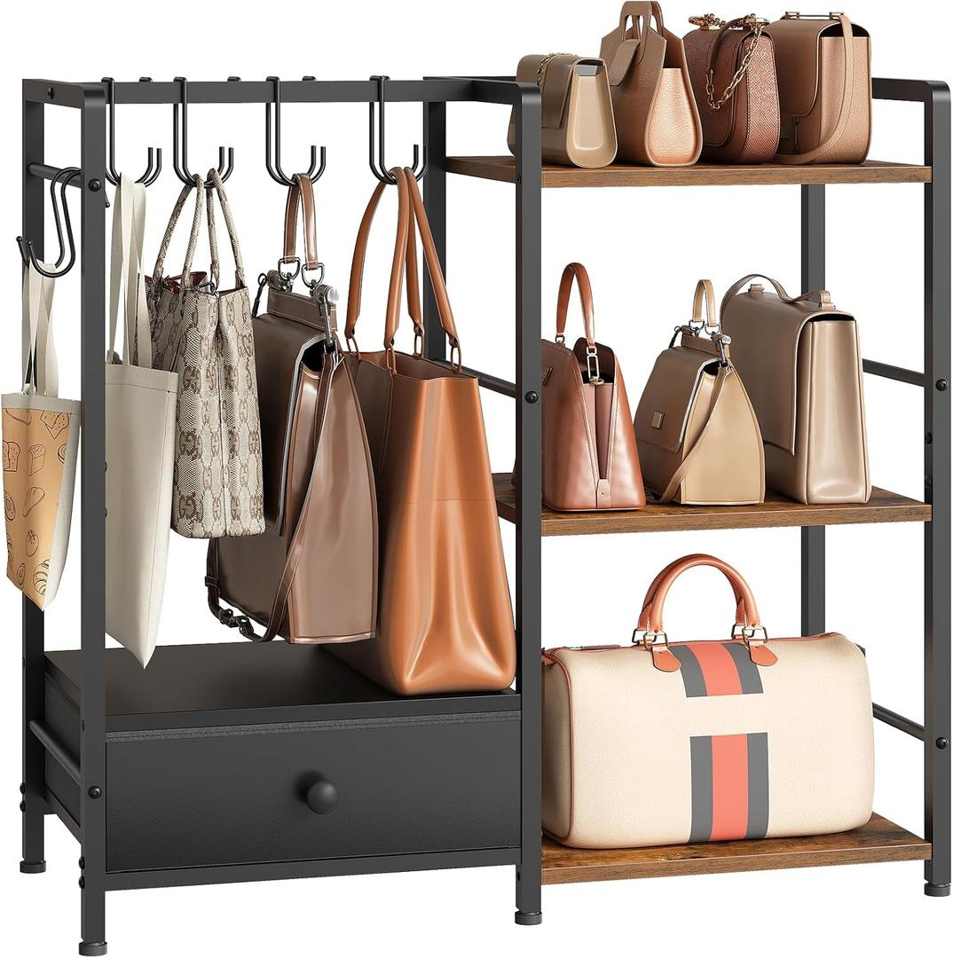 HOOBRO Purse Organizer Rack for Closet, 3-Tier Handbag Storage Stand with Hooks & Drawer, Large Capacity Bag Organizer for Bedroom, Space-Saving Purse Holder for Women, Black and Rustic Brown BF28CJ01