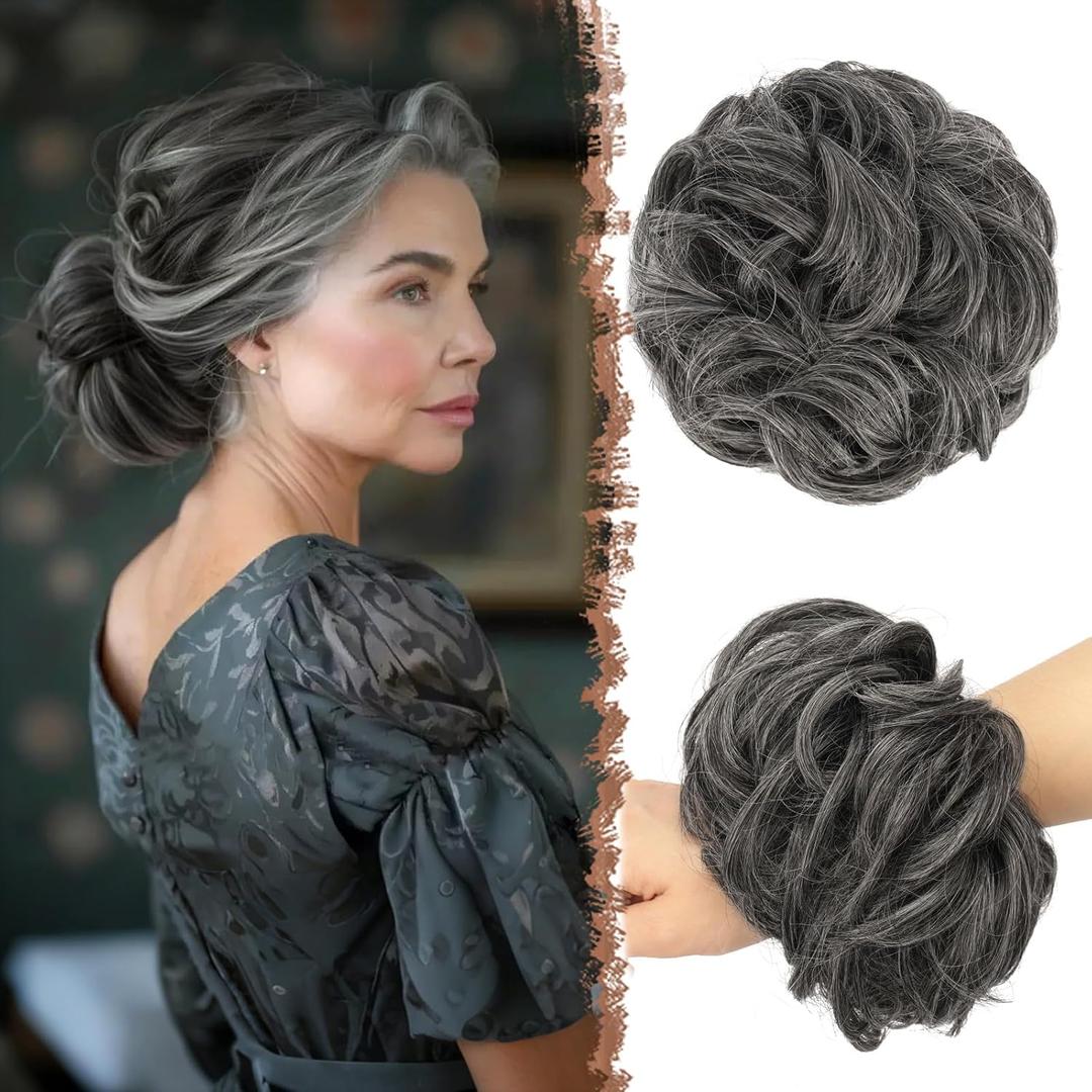 FESHFEN Messy Bun Hair Piece - Large Elastic Wavy Curly Hair Bun Scrunchies Ponytail Extensions Synthetic Chignon Hairpieces for Women, Dark Salt and Pepper 1.94oz