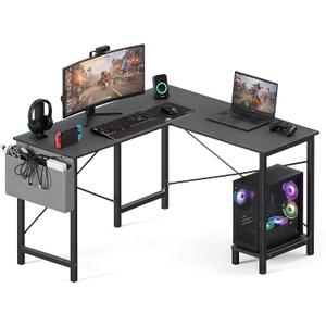 OLIXIS L Shaped Desk, 50-Inch Office Computer Gaming Desks Corner PC Table with Side Bag and Reversible Shelf for Home Work Study Writing Black