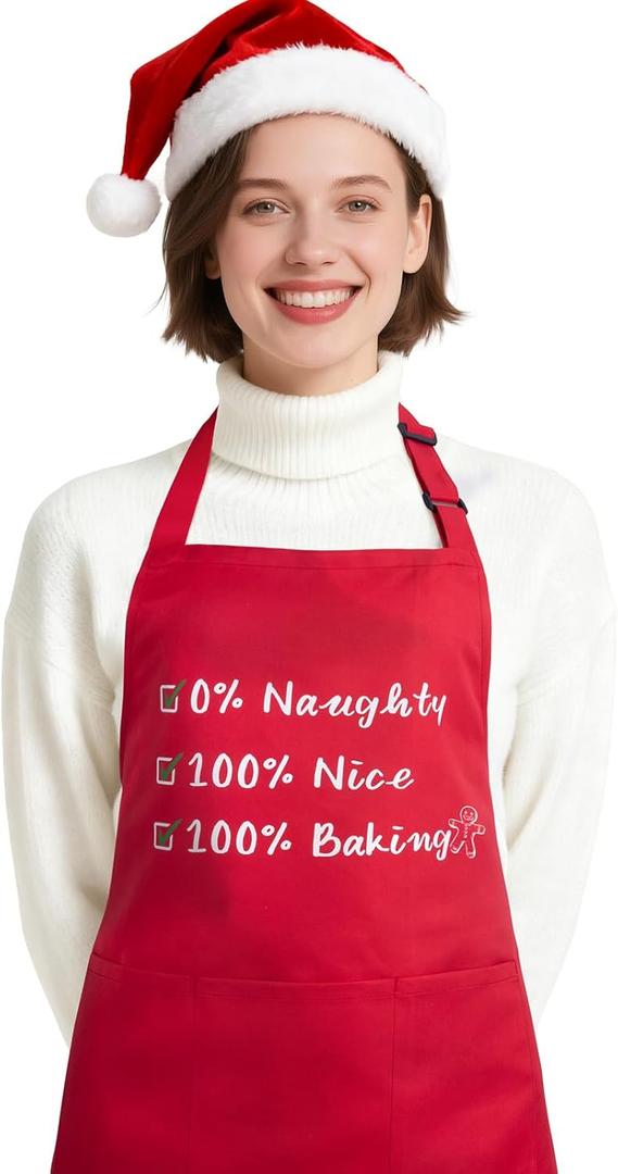 2 x NLUS Christmas Aprons for Women Men with 3 Pockets, Adjustable Baking Aprons for Kitchen Cooking, Funny Christmas Gifts for Bakers, Red