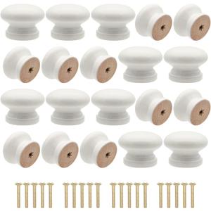 Wooden Cabinet Knobs 20Pcs, White Dresser Wood Knobs Mushroom Vintage Wooden Dresser Drawer Knob Pulls Handles with Screws (Dia.:1.3", Height:1")