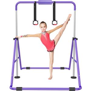 Gymnastic Bars for Kids with Adjustable Height, Folding Gymnastic Training Kip Bar, Junior Expandable Horizontal Monkey Bar for Home (Purple)