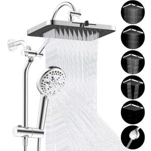 Hibbent Upgraded cUPC Certified 13'' Shower Head Combo, High Pressure 5 Spray Rainfall Showerhead with 10 Spray Modes Handheld, All Metal 3-way Diverter Shower Arm, 71'' Hose and Holder, Chrome