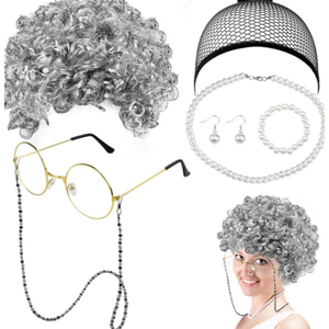 7 Pcs Old Lady Cosplay Set Old Lady Wig Glasses Necklace