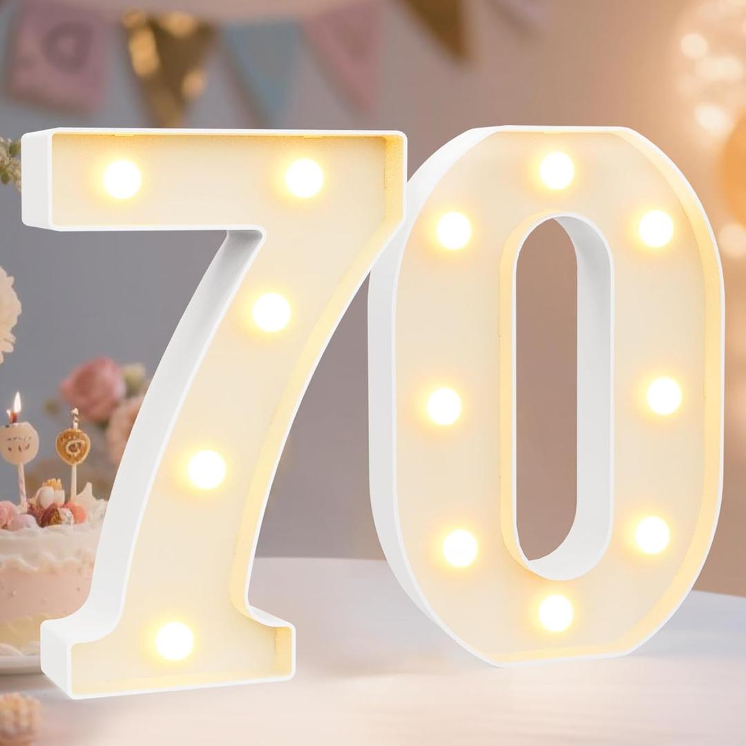 Pooqla Decorative LED Light Up Number Letters, White Plastic Marquee Number Lights Sign for 70th Birthday Party Wedding Decor, Battery Operated (70) (8.86 in)