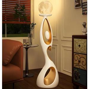 Bofea-Lunar Lamp Modern Standing Lamps for Living Rooms & Offices,Great Living Room Dcor,White Gold Tall Light with 3D Printing Frosted Moon Globe Shade, Mid Century Floor Light for Bedroom Reading