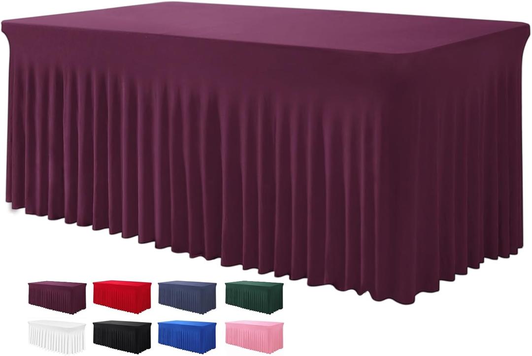 BDDC Table Skirts for Rectangle Tables 6ft - One-Piece Burgundy Tablecloths and Skirt, Wrinkle Resistant Ruffles Elastic Cover for Banquets, Weddings, Events, Parties