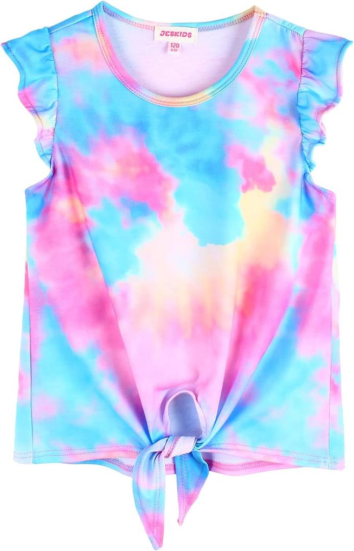 JESKIDS Girls Short Sleeve Shirts Ruffle Tie Front Unicorn/Tie Dye Print Summer Tee Tank Tops 3-11 Years (Blue)