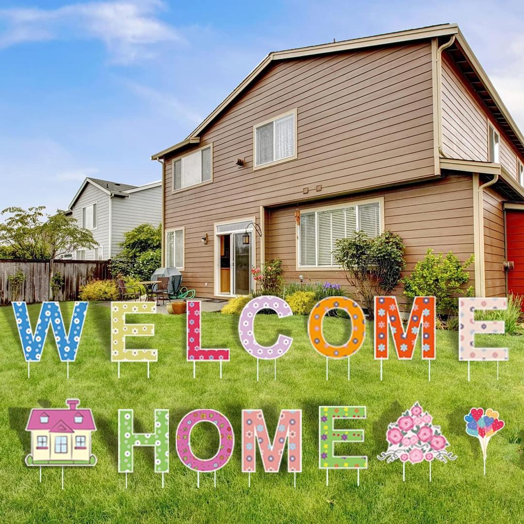 2025 Welcome Home BIG SIZE Yard Signs with Fiberglass, Family Themed Family Friendly Yard Decoration Signs Write Custom Message & Easy Installation for Courtyard Party Decorations - Set of 14 (Multicolor)