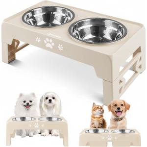 Jovrun Elevated Dog Bowls for Small Dogs and Cats, Non-Slip Cat Bowls with 2 Thick 5.5" Stainless Steel Dishes, Dog Feeder 2 Heights Adjustable to 2.6"-5.3", Beige