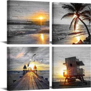 Yxbhhym- Bathroom Wall Art Black and White Gold Beach Wall Art Ocean Canvas Print Sunrise Sunset Seascape Scenery Painting Poster Framed Picture Bedroom Wall Decor Living Room Office Wall Decoration (12"x12"inches x 4 pcs)