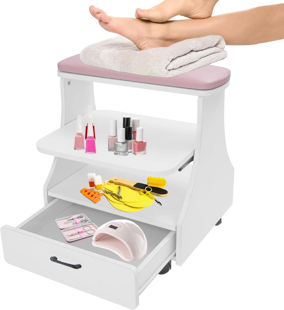Portable Pedicure Foot Rest with Wheels, Pedicure Stool, Trolley for Foot Bath, Spa Cart, Nail Stand, Manicure Furniture for Beauty Salon or Nail Tech Spa, Massage Station (Pink), 20.47 inches x 16.14 inches x 21.65 inches
