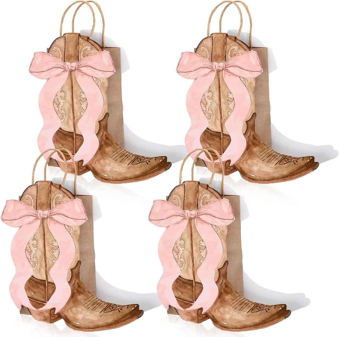 Sinload 24 Western Gift Bags Cowgirl Cowboy Boots Paper Bags with Pink Bow Handles Candy Goodie Treat Grocery Shopping for Cowgirl Party Supplies Birthday Western Party Favors (Brown Style)
