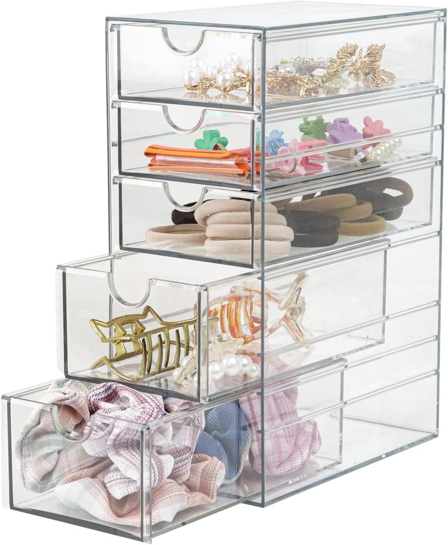 Plastic Drawer Storage with 5 Different Sizes Drawers, Clear Light Gray Hair Accessories Organizer, Transparent Dresser Bathroom Organizer