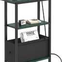 Narrow Side Table with Charging Station, Skinny End Table for Small Spaces, Thin Sofa Side Table with 1 Fabric Drawer, Slim Nightstand for Living Room, Bedroom, Green and Black