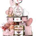 Marsui 19 Pcs Pastel Cottagecore Valentine's Day Tiered Tray Decor Set, Pink Pastel Wood Signs with Cute Be Mine Candy Hearts, Girly Valentines Table Decor for Home Kitchen Living Room