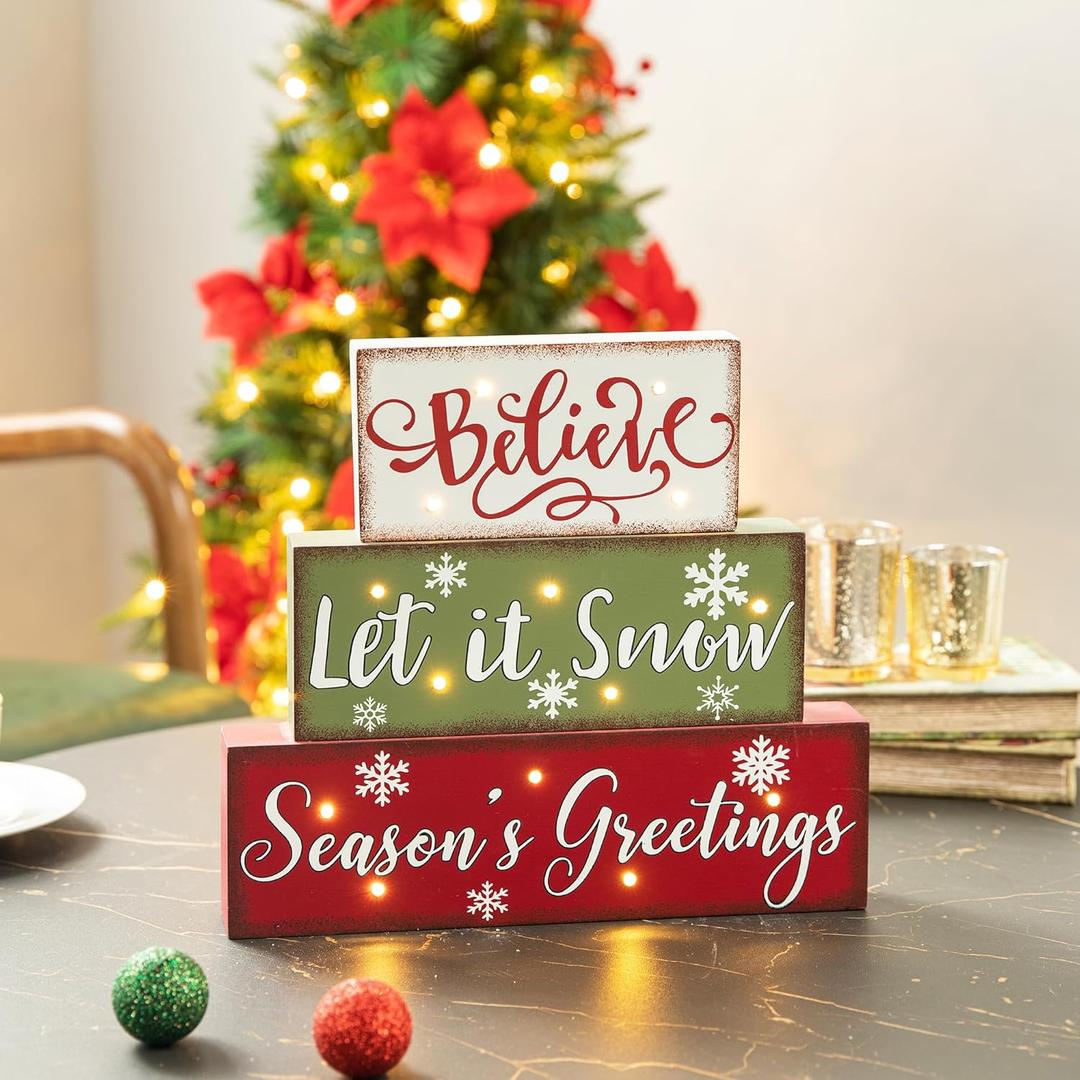 Glitzhome Wooden Block Sign, Christmas Table Decorative Signage, Believe Let It Snow Season's Greetings, 11.81 x 1.57 x 10.59 inches, MDF, Farmhouse Wood Block Decor (Multicolor)