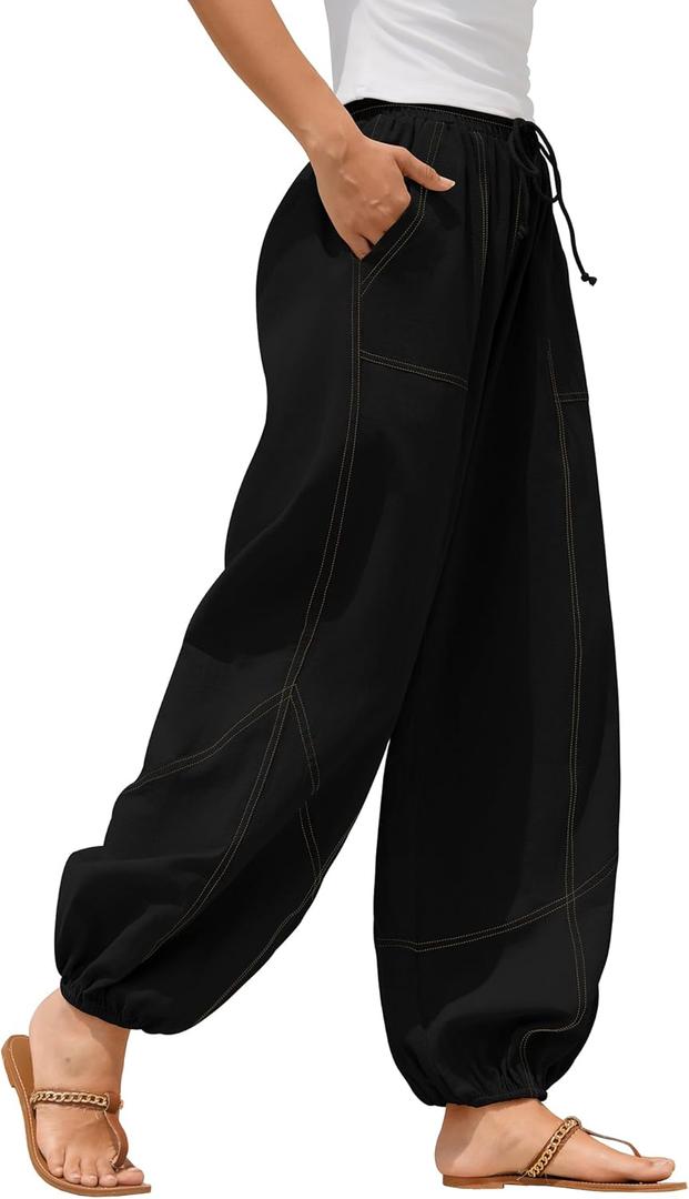 ZAFUL Women Casual Linen Pants Drawstring Fall Lounge Beach Summer Pants with Pockets 2025 Travel Vacation Outfits (Large, Black)