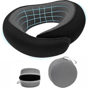 Travel Neck Pillow for Airplane - 100% Memory Foam 360 Ergonomic Support - Adjustable Velcro, Washable Velvet Cover & Compact Storage Case - Flight Essentials for Sleeping (Black)