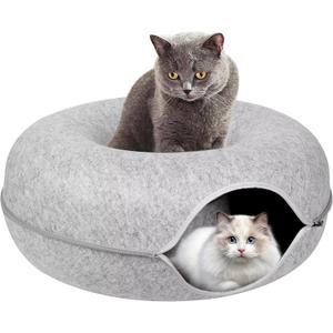 Light Gray Large Size Cat Tunnel Bed, Scratch-Resistant with Soft Detachable Felt Interior, Hand Washable 3-in-1 Self-Warming Cat Bed for Multiple Indoor Cats up to 30 lbs.