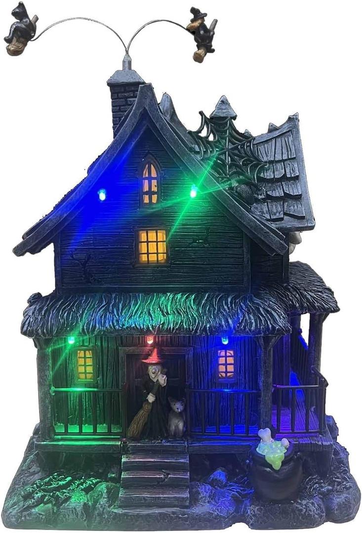 Haunted Hill Farm 1-Ft. Haunted House with Flying Witches Halloween Decor