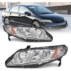 AS Headlight Assembly Compatible with 2006-2011 Honda Civic 4-Door Sedan fit for 2006 2007 2008 2009 2010 2011 Civic 4DR Headlamps Replacement Chrome Housing Amber Reflector