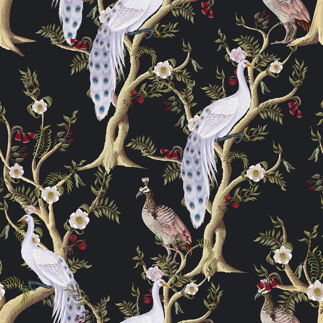 CRE8TIVE Chinoiserie Peacock Wallpaper Dark Floral Peel and Stick Wallpaper Vintage Bird Peony Tree Wall Mural Removable Self Adhesive Vinyl Contact Paper for Bedroom Bathroom Walls Cabinets 12"x118"