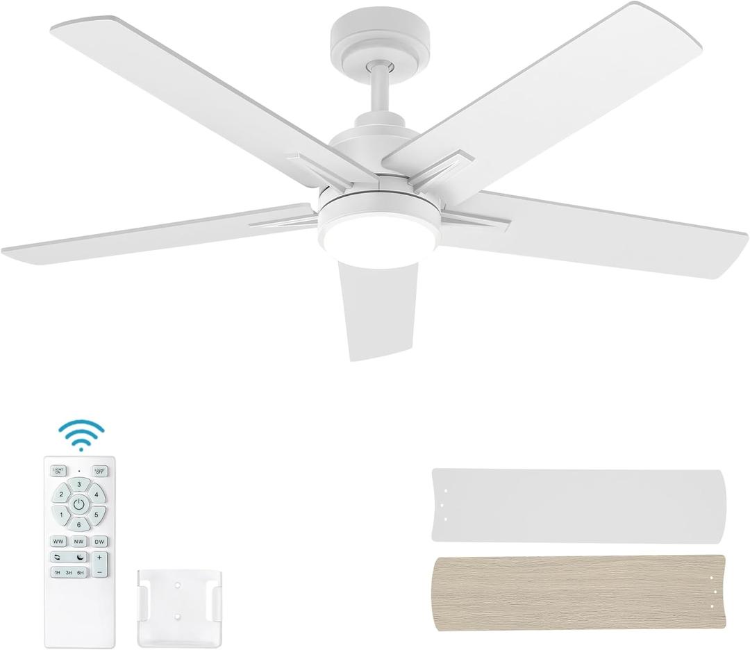 52 Inch White Ceiling Fan with Light and Remote Control,Dimmable 3 Color Temperatures LED Ceiling Fan,6 Speeds Reversible DC Motor,5 Blades Modern Ceiling Fans for Indoor or Covered Outdoor