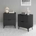 Wood Night Stand Set 2 Fluted Dresser for Bedroom 2 Drawers End Tables Nightstands Set of 2, Storage Modern Bedside Table Set of 2, Black Nightstand