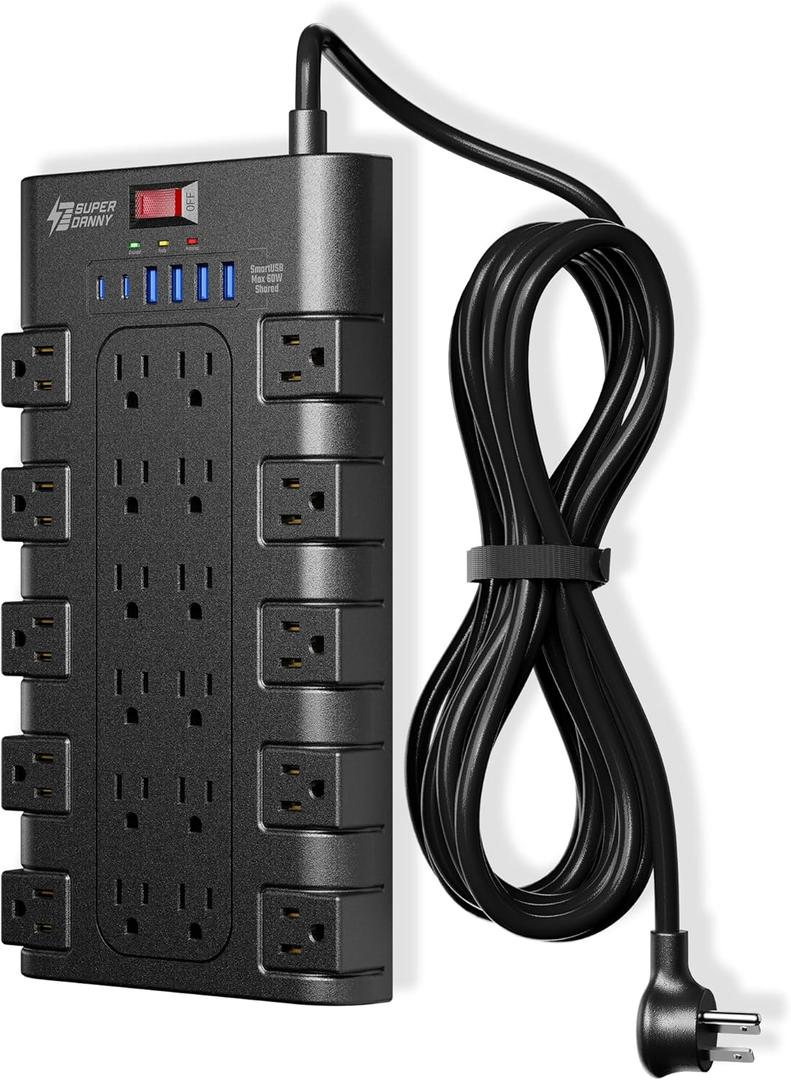 Surge Protector Power Strip, SUPERDANNY Charging Station 22 Outlets with 45W Type-C Fast Charging USB Ports, 4 USB-A, 2 USB-C, 2100J, 15A/1875W, 6.5Ft Flat Plug Extension Cord for Home Streaming Black Surge Protector Power Strip, SUPERDANNY Charging Station 22 Outlets with 45W Type-C Fast Charging USB Ports, 4 USB-A, 2 USB-C, 2100J, 15A/1875W, 6.5Ft Flat Plug Extension Cord for Home Streaming Black