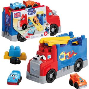 MEGA BLOKS First Builders Toddler Building Blocks Toy Set, Build & Race Rig with 19 Pieces, 2 Race Cars and Storage, Red, Ages 1+ Years