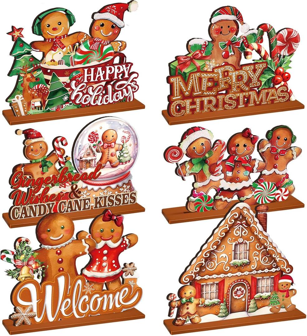 2 x 6 Pcs Christmas Gingerbread Table Decorations - Gingerbread Candy Wooden Centerpiece Xmas Decorations for Home Farmhouse Office Tabletop Decor (Colorful)
