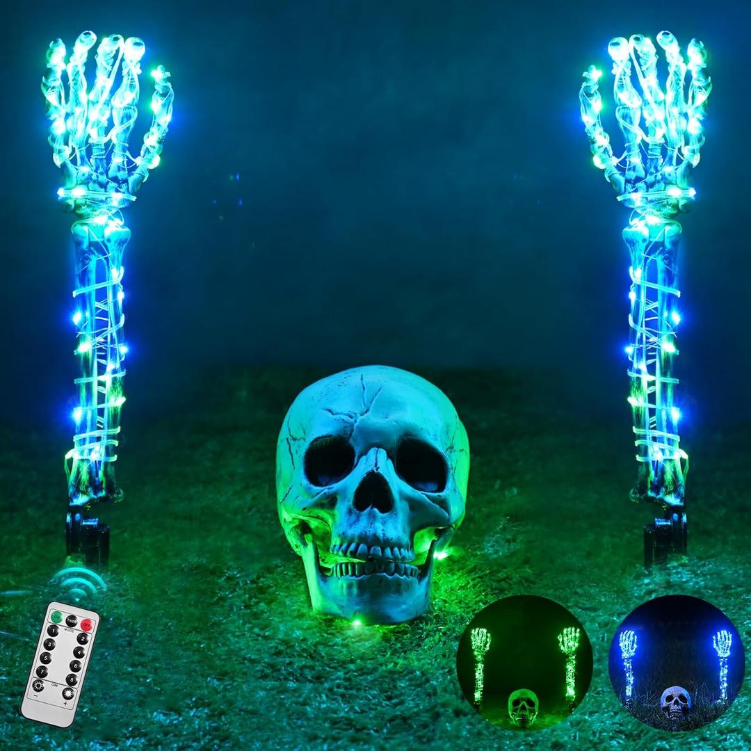 Halloween Lighted Skeleton Set, Skull Arm Stakes with 1 Remote Green Lights (36 LEDs, 8 Light Modes & Timing Function), 2 Blue Lights (3 Modes), Decoration for Outdoor Yard Garden Graveyard