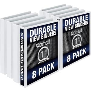 Samsill 8 Pack Durable 1 Inch 3 Ring Binders, Round Ring, Clear View Cover for Presentations, White