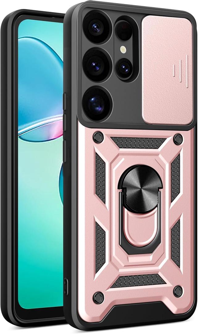 RKINC Case for Samsung Galaxy S25 Ultra Case with Slide Camera Cover & Rotated Ring Kickstand Military Grade Shockproof with Magnetic Car Mount Holder Cover, Rose Gold
