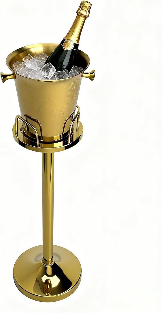 Champagne Bucket with Stand, Wine Bucket Stand with 5L Bucket, Stainless Steel Standing Ice Buckets for Bar, KTV, Hotel, Party, Gathering (Gold, 1 Pack)