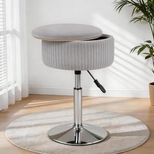 LITZFUR Adjustable Vanity Stool with Storage, 360 Swivel Vanity Chair, Velvet Small Round Ottoman Footrest for Bathroom, Makeup Room, Grey (Silver Base)