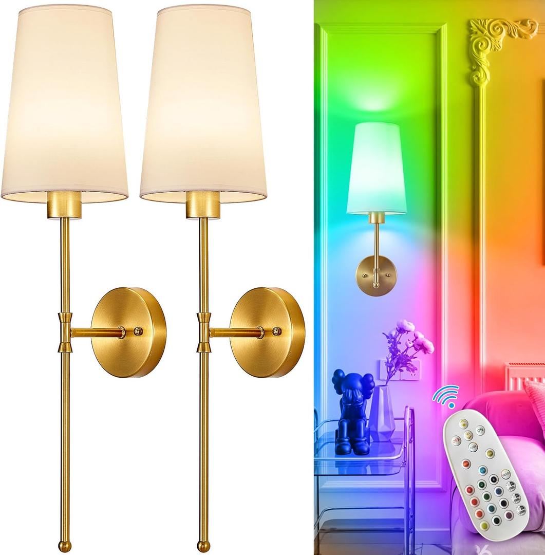 Depuley Battery Operated Wall Sconce: 27" Set of 2 Wireless Wall Lights with Remote for Bedroom - Rechargeable 15 Colors Gold Wall Lamp for Living Room Hallway Decor