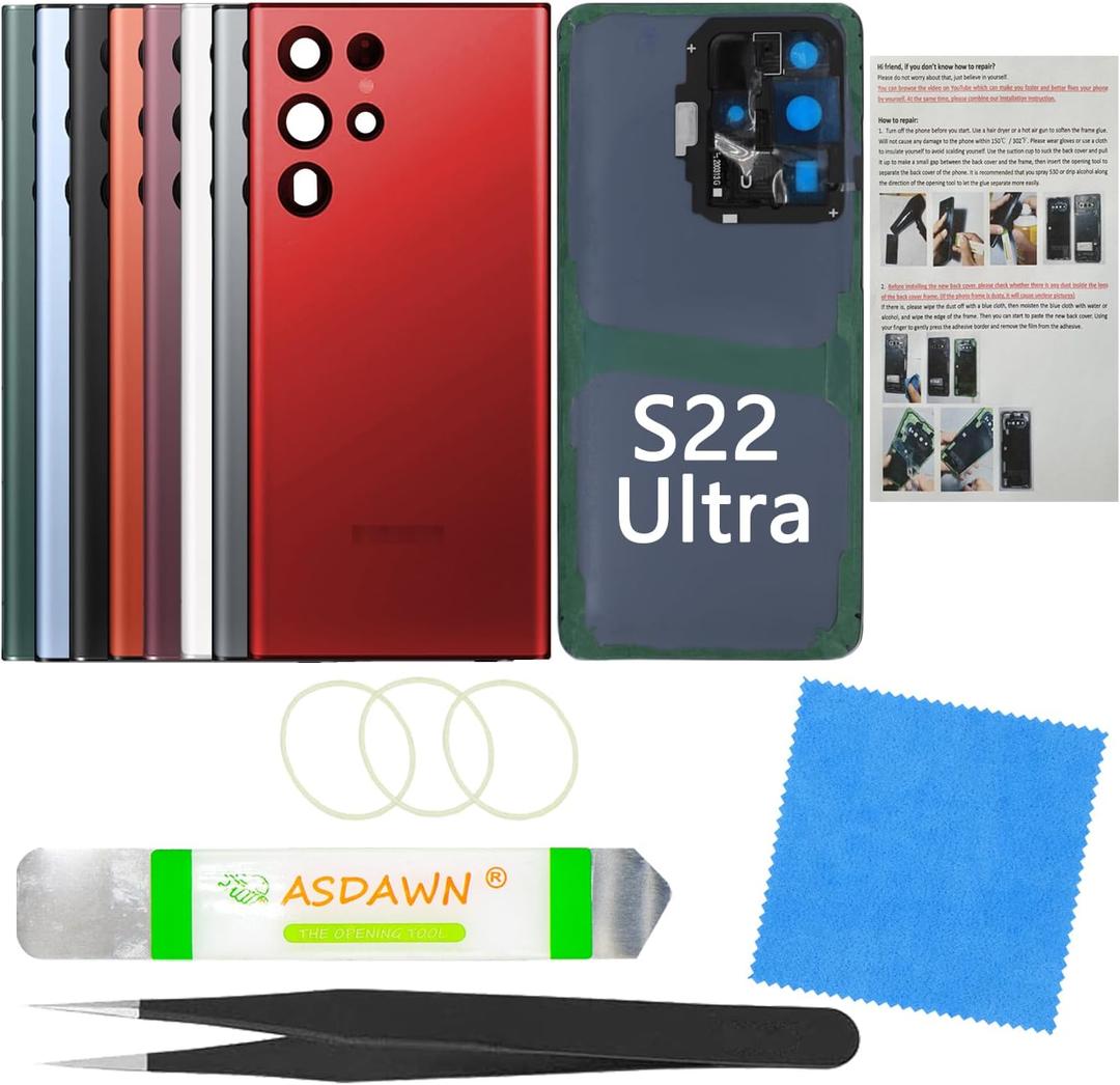Galaxy S22 Ultra Cover Glass Replacement w/Installation Manual +Pre-Installed Camera Lens +All The Adhesive +Repair Tool Kit for Samsung Galaxy S22 Ultra 5G SM-S908 All Carriers (Deep Red)