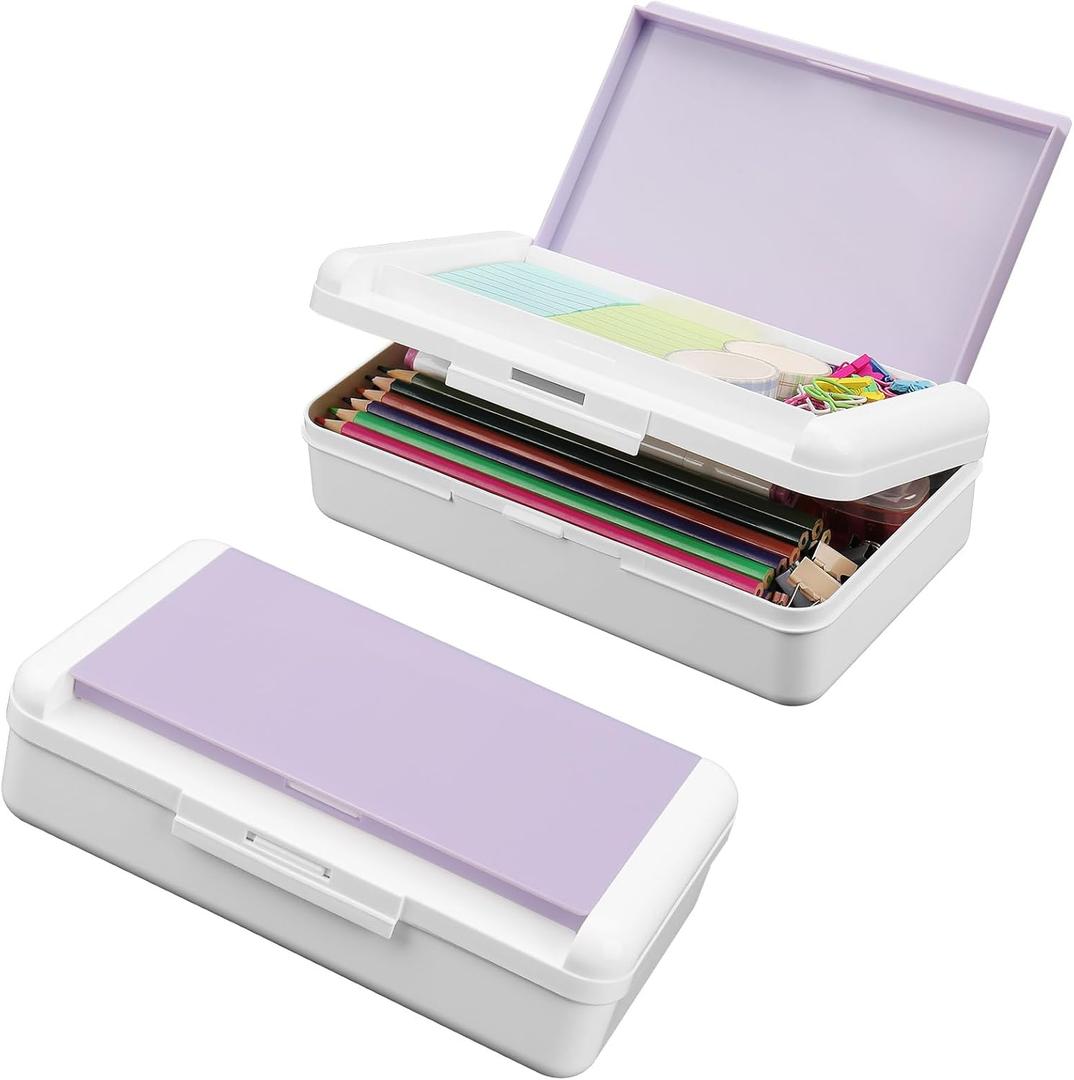 Pencil Box, Double Layer Pencil Case, Large Capacity Plastic Pencil Boxes with Snap-tight Lid, Two-Tone Storage Box Organizer for Office School Supplies Teen Girl Boy (Light Purple, Pack of 1)