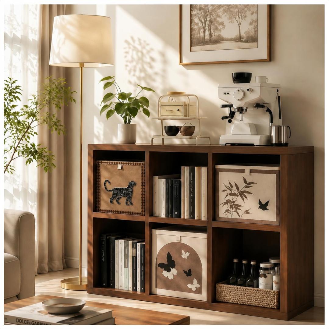 Solid Wood Walnut 6 Cube Storage Organizer Shelf with 3 Bins,Low Bookcase, Size: 35.5″(L) x11.8″(W) x29.6″(H)