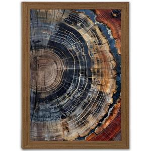 LSXARTQQ Tree Ring Wood Frame Wall Art, Rustic Wabi Sabi Canvas Wall Decor, Navy Blue Orange Gray Wood Grain Nature Art for Living Room Bedroom Bathroom Home Decor (16x24 Inch)